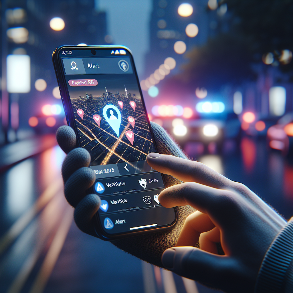 Smartphone showing real-time verified crime alerts and map on city street at dusk.